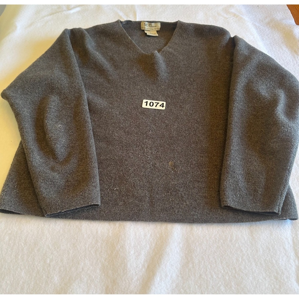 Vintage M Gordon Neiman Marcus Sweater Womens L Gray Merino Wool V Neck Knit Top